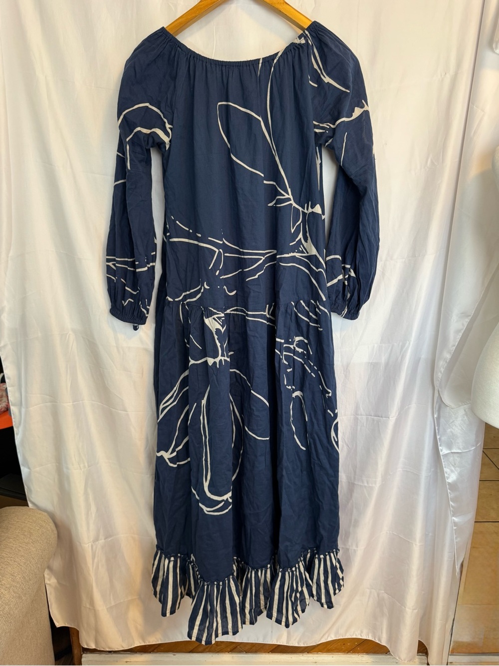 Khara Kapas Blueberry Maxi Dress with Striped Ruffle Hem Size Small Oversized - Picture 6 of 6